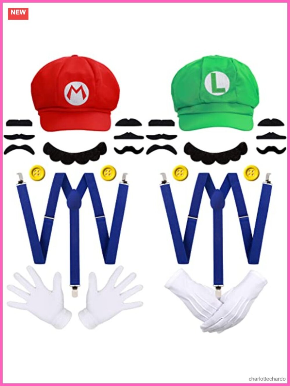 Super Bros Costume Accessory Set Caps Suspenders Mustaches Gloves Buttons